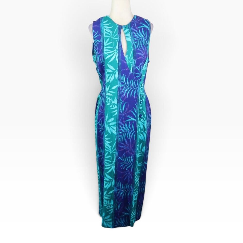 Vintage 80s Dawn Joy Blue and Turquoise Tropical Leaf Print Midi Dress